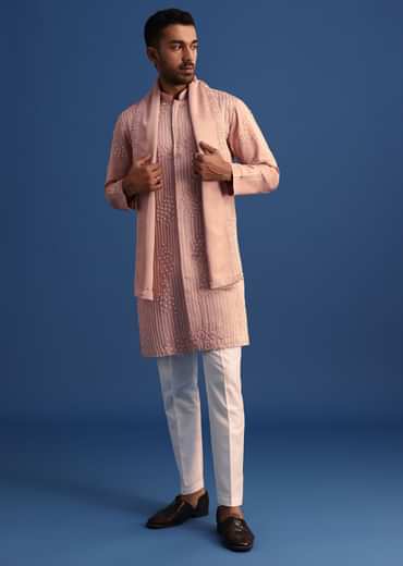 Pink Thread Handowork Kurta Set With Dupatta