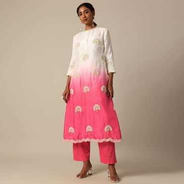 Pink Tie Dye Kurta Set In Cotton Silk