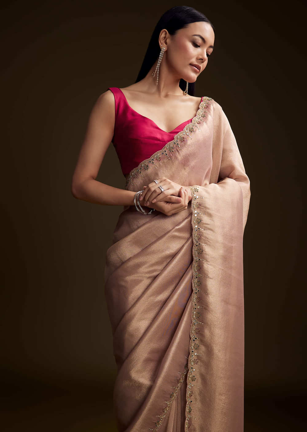 Pink Tissue Saree With Cutdana And Mirror Embroidery