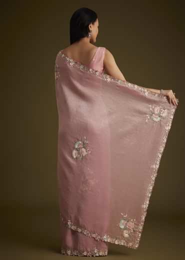 Pink Tissue Saree With Floral Embroidery