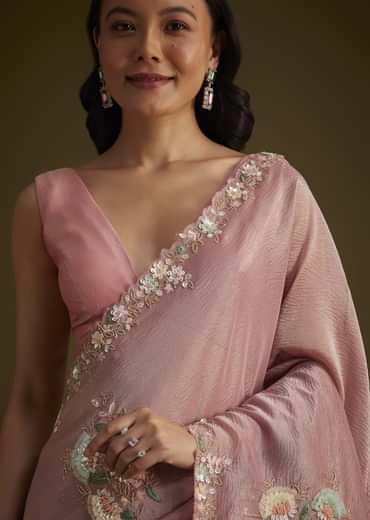 Pink Tissue Saree With Floral Embroidery