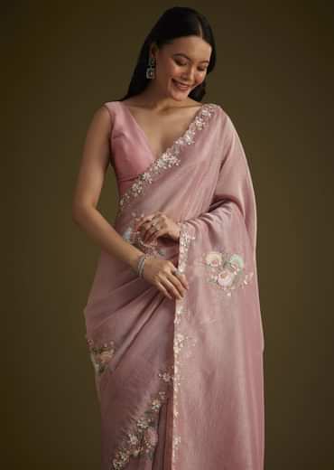 Pink Tissue Saree With Floral Embroidery