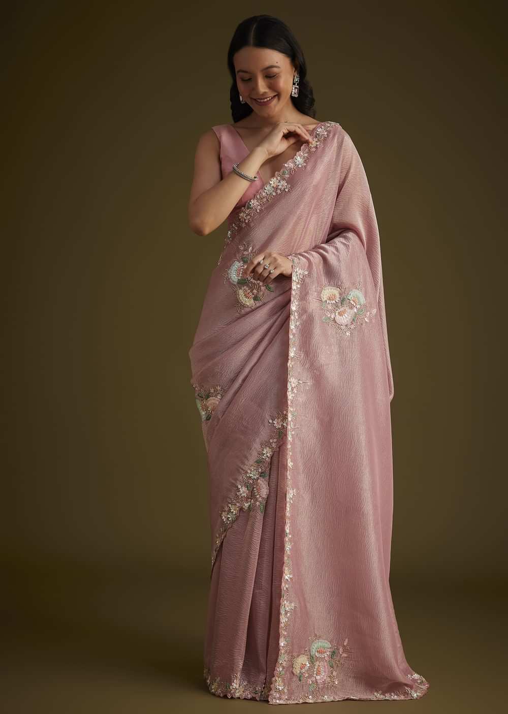 Pink Tissue Saree With Floral Embroidery