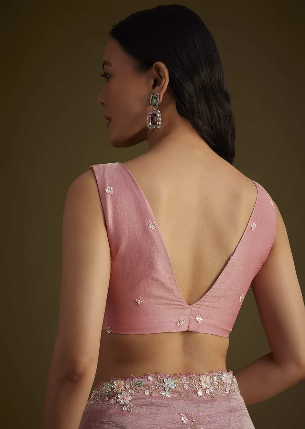 Pink Tissue Saree With Floral Embroidery