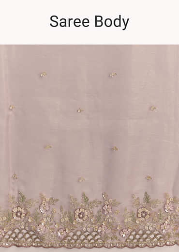 Pink Tissue Saree With Floral Hand Embroidery And Cutwork Border
