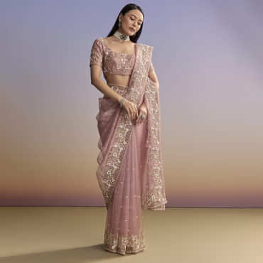 Pink Tissue Saree With Floral Hand Embroidery And Cutwork Border