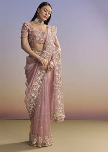 Pink Tissue Saree With Floral Hand Embroidery And Cutwork Border