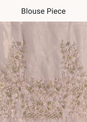 Pink Tissue Saree With Floral Hand Embroidery And Cutwork Border