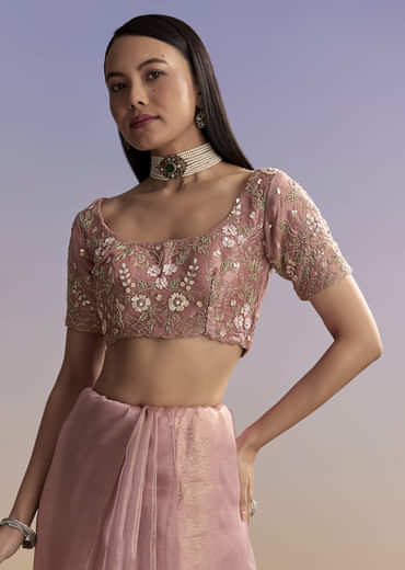 Pink Tissue Saree With Floral Hand Embroidery And Cutwork Border