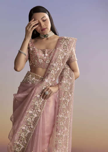 Pink Tissue Saree With Floral Hand Embroidery And Cutwork Border