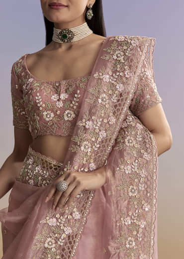 Pink Tissue Saree With Floral Hand Embroidery And Cutwork Border