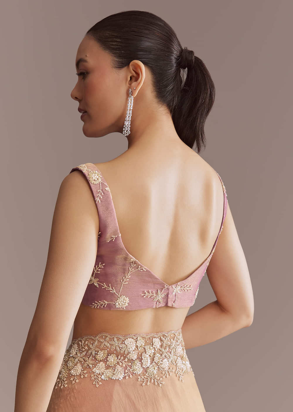 Pink Tissue Saree With Heavy Floral Embroidered Border