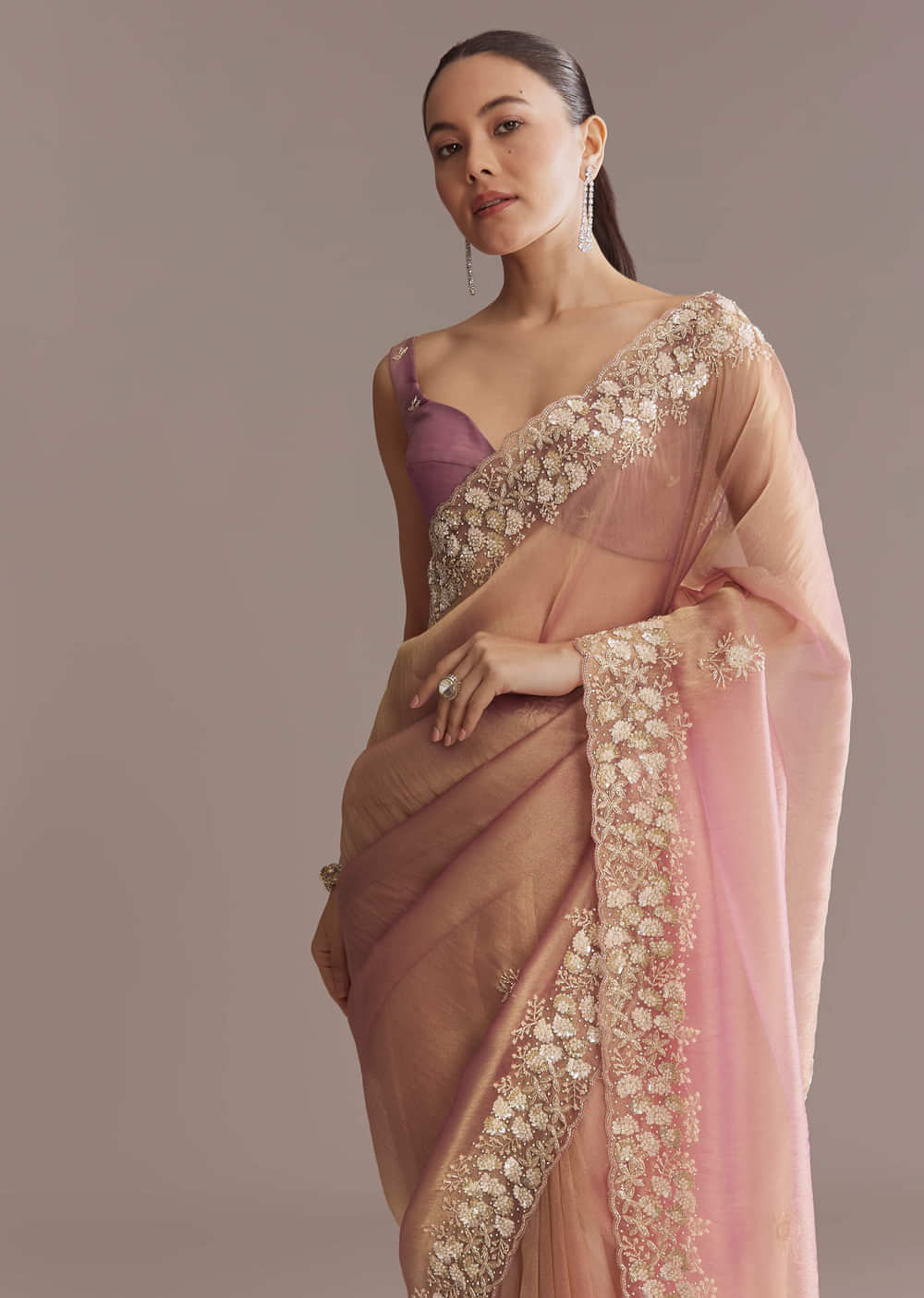 Pink Tissue Saree With Heavy Floral Embroidered Border