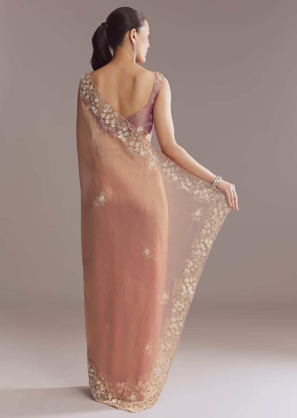 Pink Tissue Saree With Heavy Floral Embroidered Border