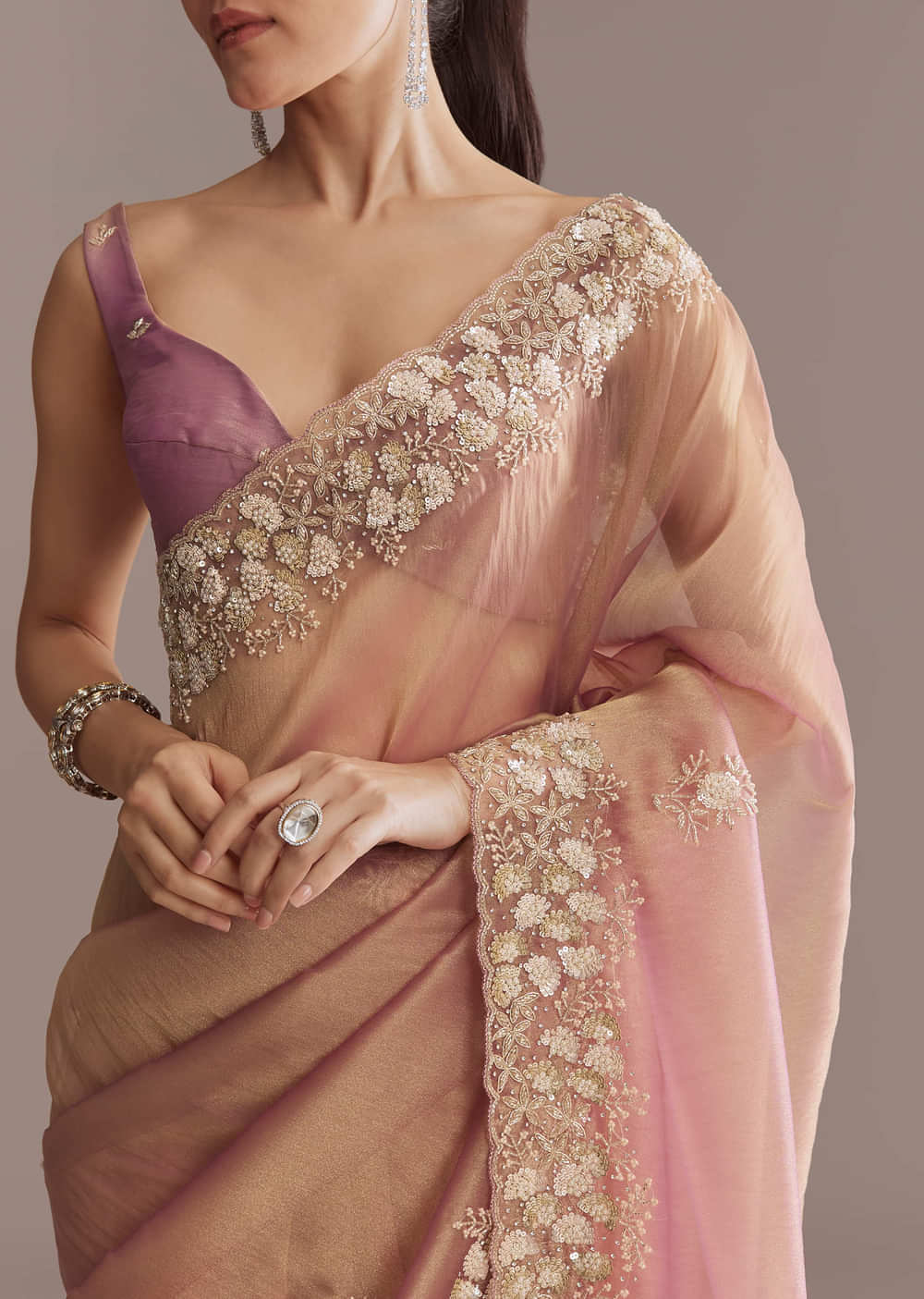 Pink Tissue Saree With Heavy Floral Embroidered Border
