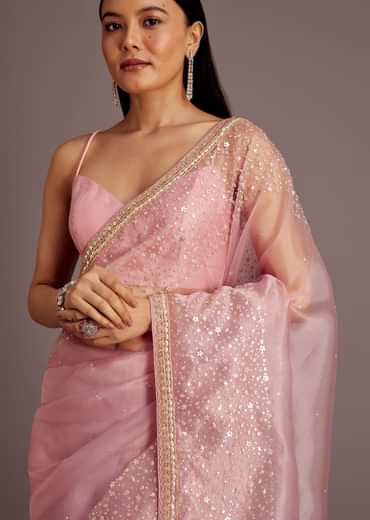 Pink Tissue Saree With Sequins Embellished Border