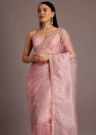 Pink Tissue Saree With Sequins Embellished Border