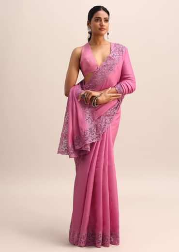 Pink Tussar Silk Saree With Thread And Cutwork On Border Pallu With Unstitched Blouse