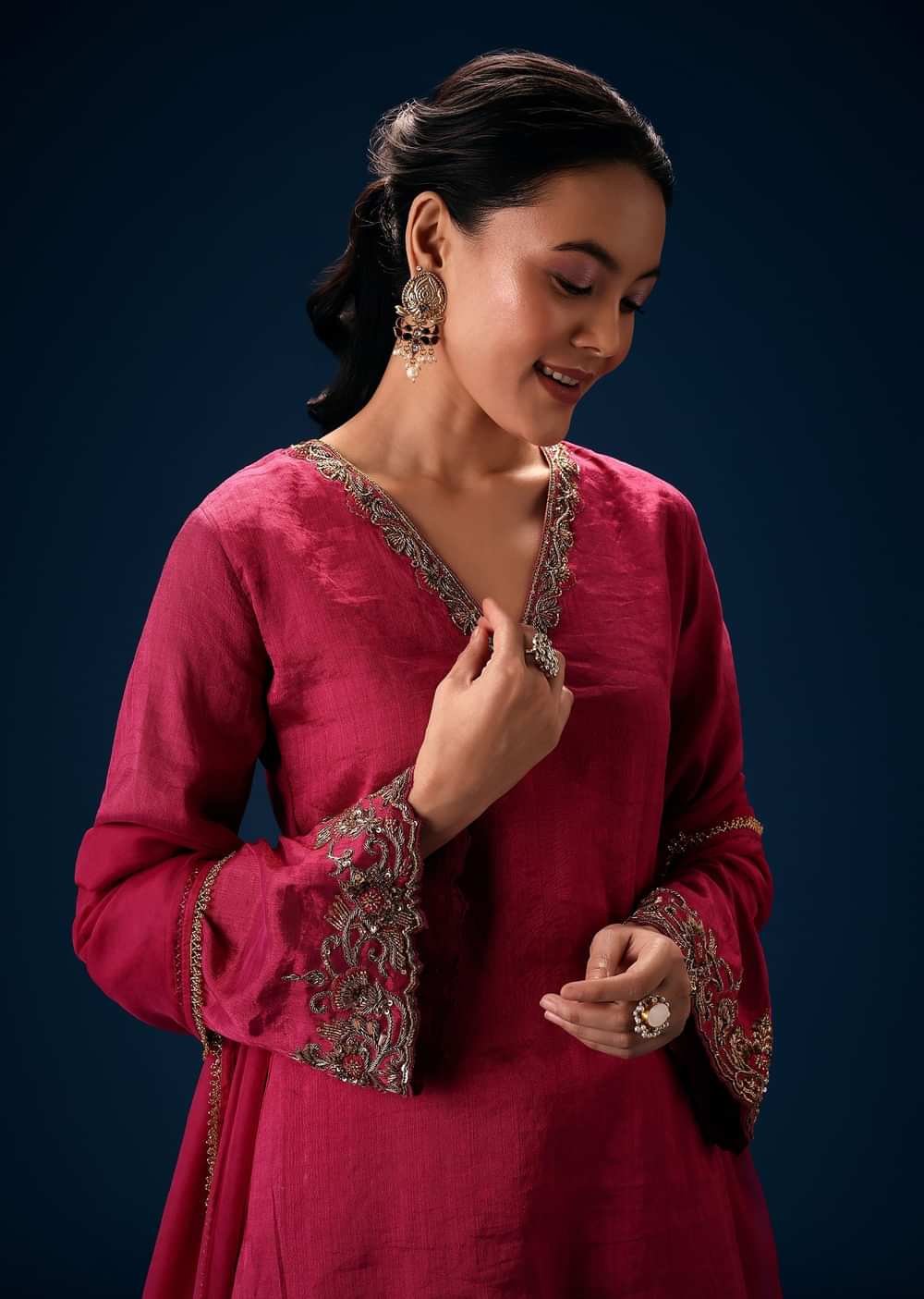 Pink V Neck Embroidered Kurta Set With Dupatta