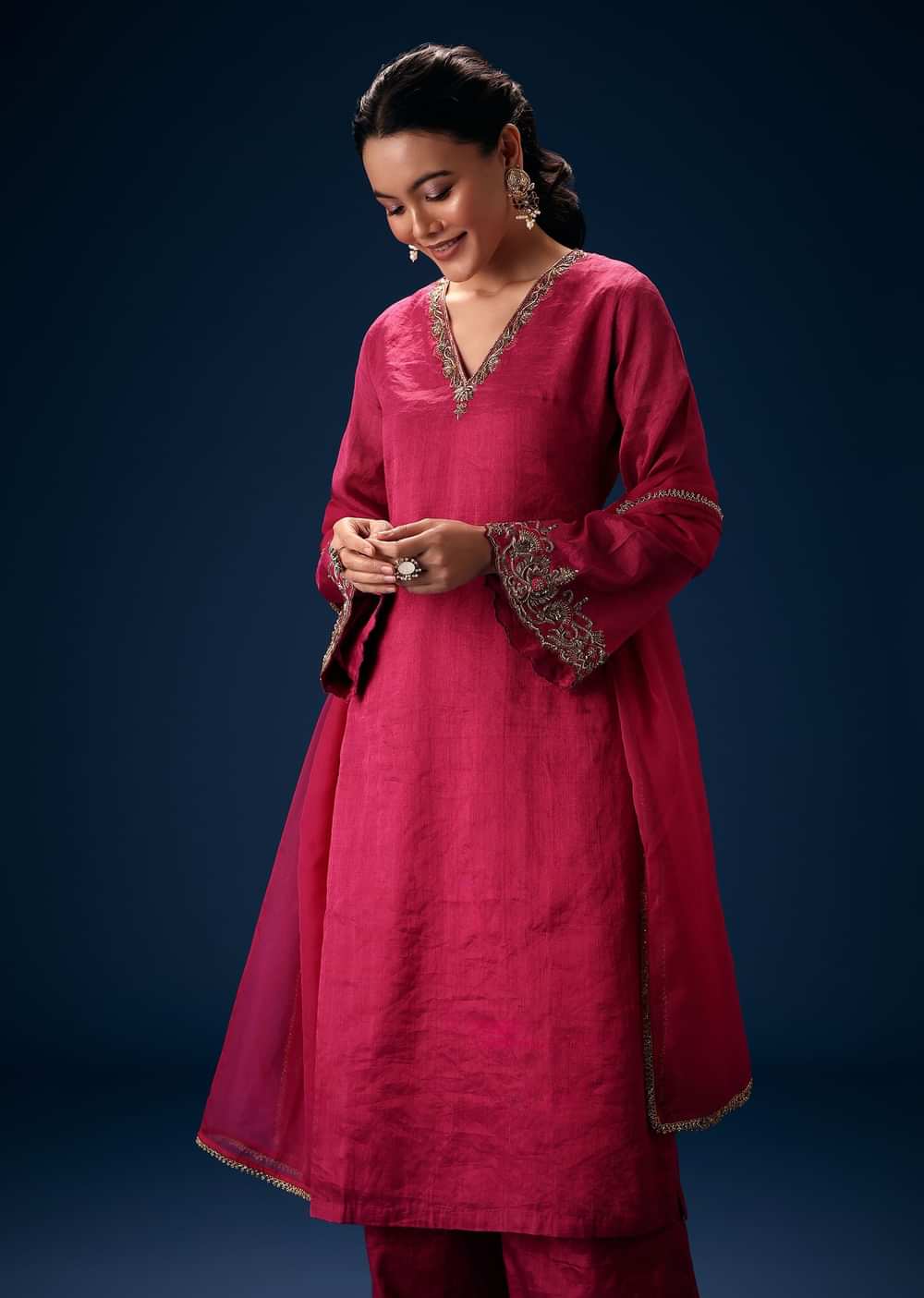 Pink V Neck Embroidered Kurta Set With Dupatta