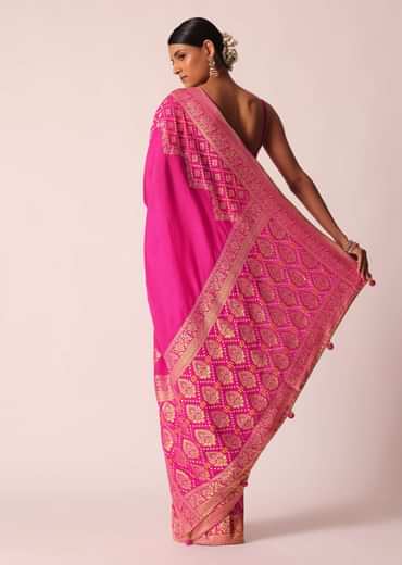 Pink Woven Saree In Silk With Bandhani Motifs And Unstitched Blouse Piece