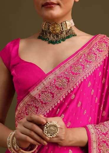 Rani Pink Zardosi Embroidered Saree With Unstitched Blouse