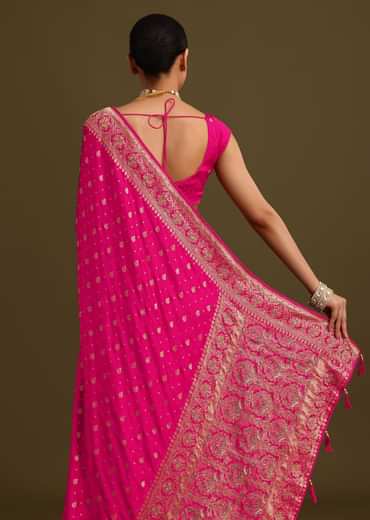 Rani Pink Zardosi Embroidered Saree With Unstitched Blouse