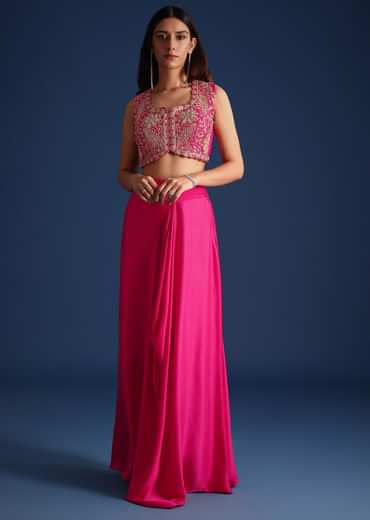 Pink Zardozi Embroidered Jacket With Skirt And Crop Top