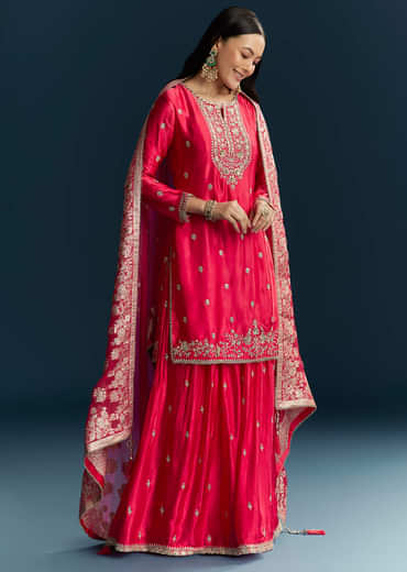 Pink Zari Palazzo Suit Set With Dupatta
