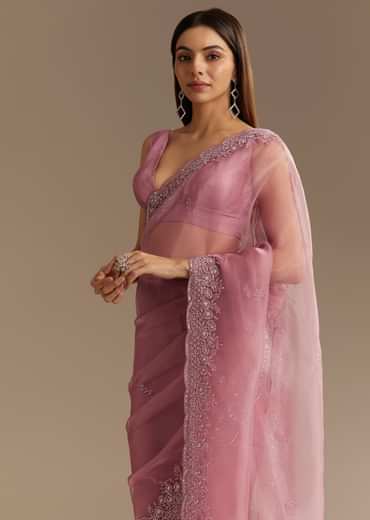 Pinkish Lavender Tissue Saree With Sequins Cutdana And Scallop Border