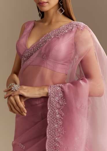 Pinkish Lavender Tissue Saree With Sequins Cutdana And Scallop Border