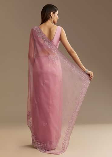 Pinkish Lavender Tissue Saree With Sequins Cutdana And Scallop Border