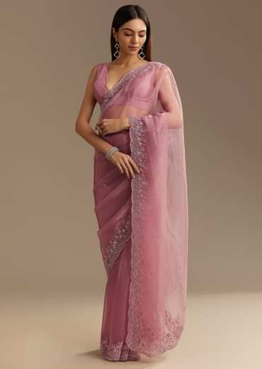 Pinkish Lavender Tissue Saree With Sequins Cutdana And Scallop Border