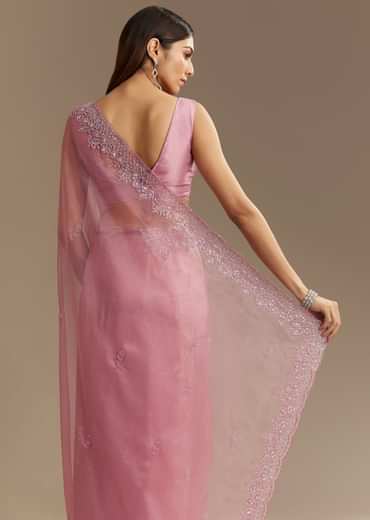 Pinkish Lavender Tissue Saree With Sequins Cutdana And Scallop Border