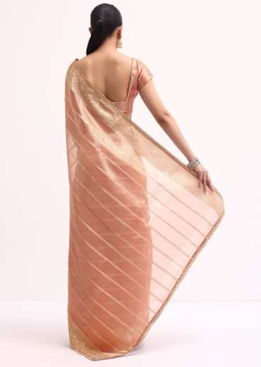 Pinkish Gold Zari Chanderi Silk Saree With Unstitched Border