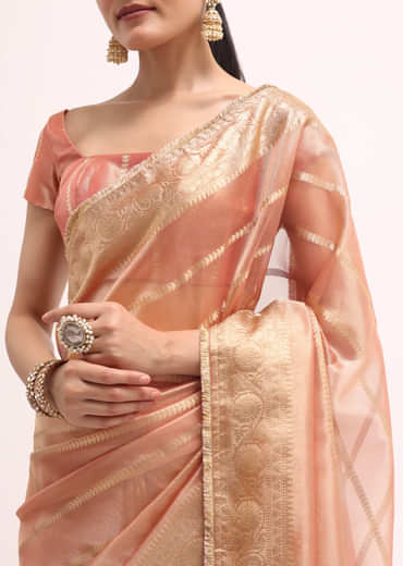 Pinkish Gold Zari Chanderi Silk Saree With Unstitched Border