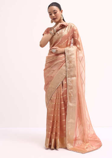Pinkish Gold Zari Chanderi Silk Saree With Unstitched Border