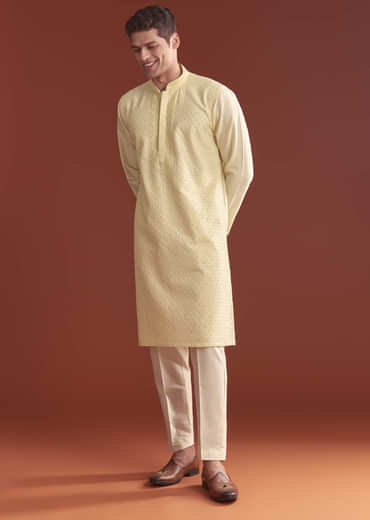 Pista Green Banarasi Silk Kurta Set For Men With Intricate Embroidery