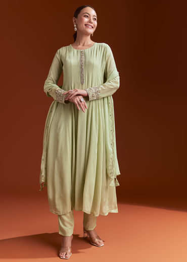 Pista Green Chinon Anarkali Suit With Beads And Stone Work