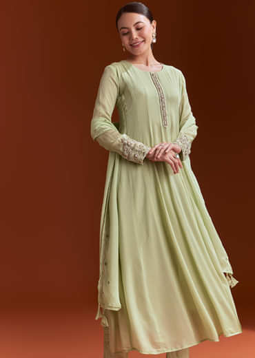 Pista Green Chinon Anarkali Suit With Beads And Stone Work