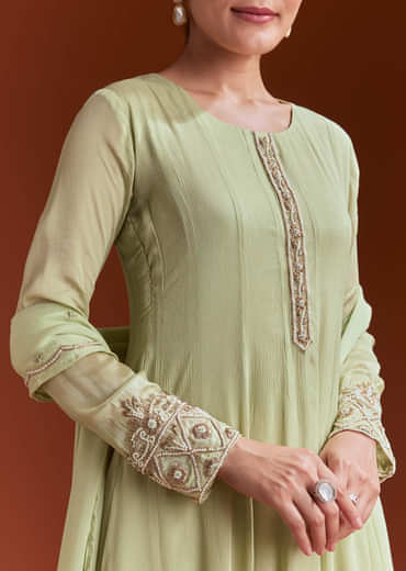 Pista Green Chinon Anarkali Suit With Beads And Stone Work