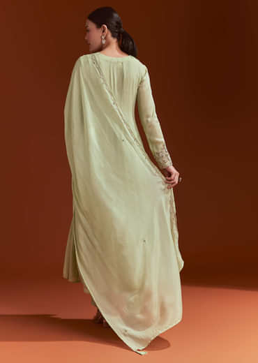 Pista Green Chinon Anarkali Suit With Beads And Stone Work