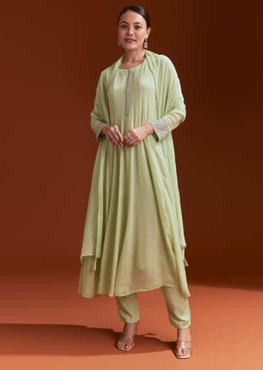 Pista Green Chinon Beaded Stone Work Anarkali Suit