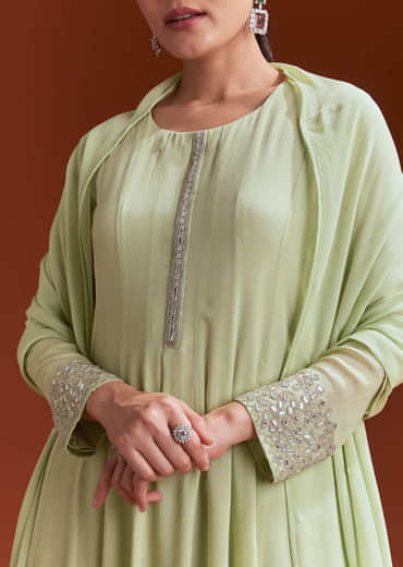 Pista Green Chinon Beaded Stone Work Anarkali Suit