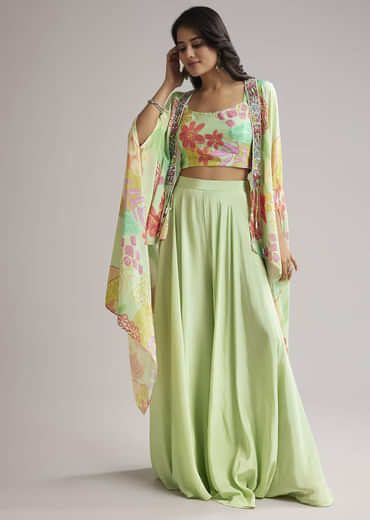 Pista Green Floral Cape Set With Crop Top And Palazzo
