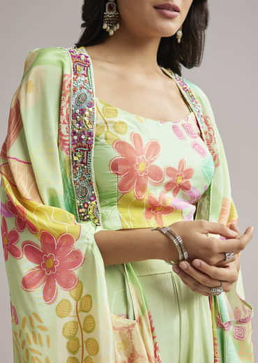 Pista Green Floral Cape Set With Crop Top And Palazzo
