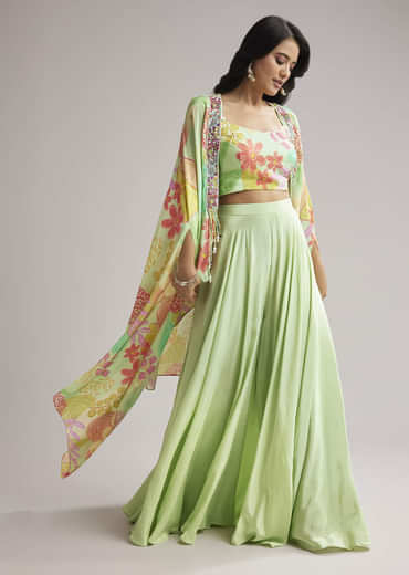 Pista Green Floral Cape Set With Crop Top And Palazzo