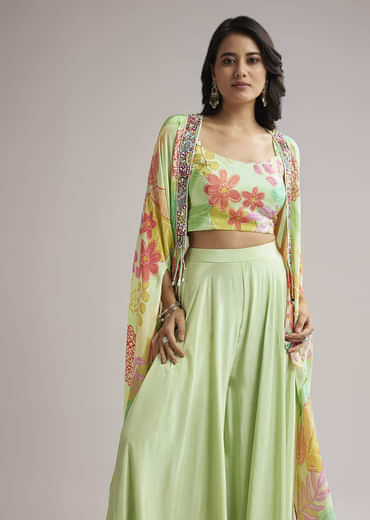 Pista Green Floral Cape Set With Crop Top And Palazzo