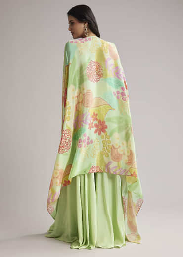 Pista Green Floral Cape Set With Crop Top And Palazzo