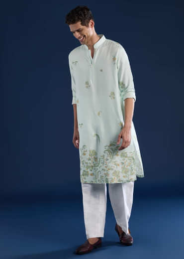 Pista Green Printed Mens Kurta and Pant Set